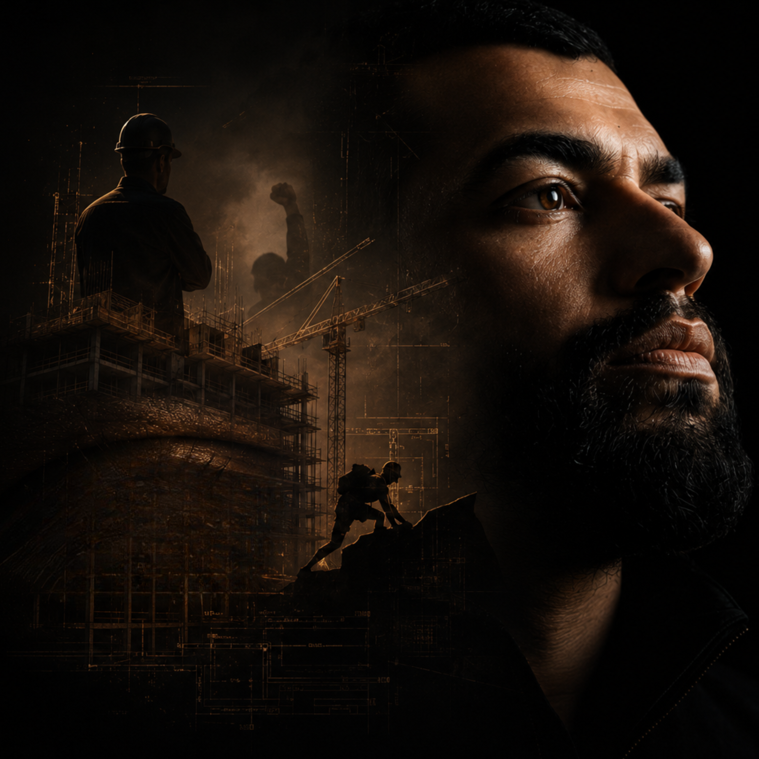 Engenheiro civil em composição artística com obras, projetos e elementos que representam sua trajetória profissional na engenharia.