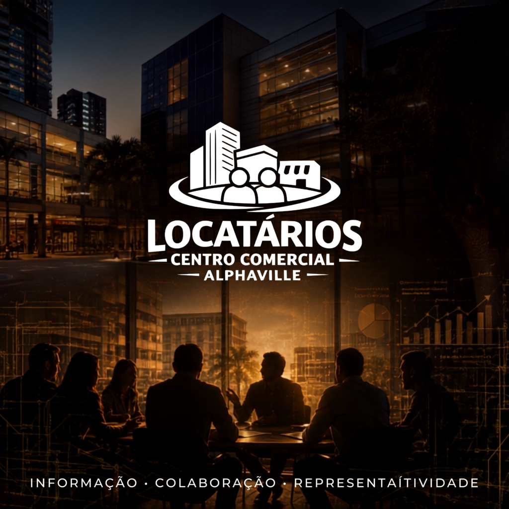 Capa do Grupo de Locatários do Centro Comercial Alphaville, com edifícios comerciais, reunião entre profissionais e elementos gráficos de pesquisa de mercado.