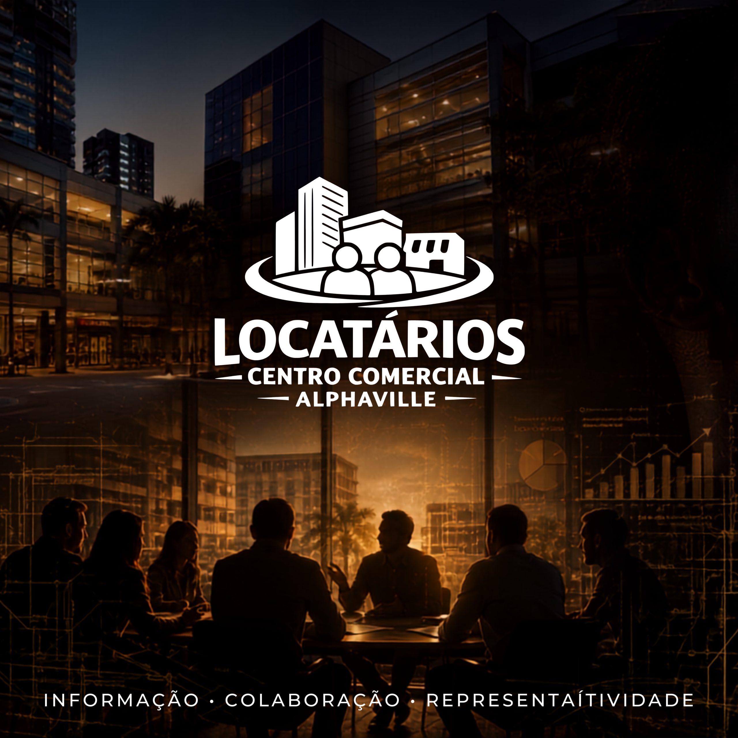Capa do Grupo de Locatários do Centro Comercial Alphaville, com edifícios comerciais, reunião entre profissionais e elementos gráficos de pesquisa de mercado.