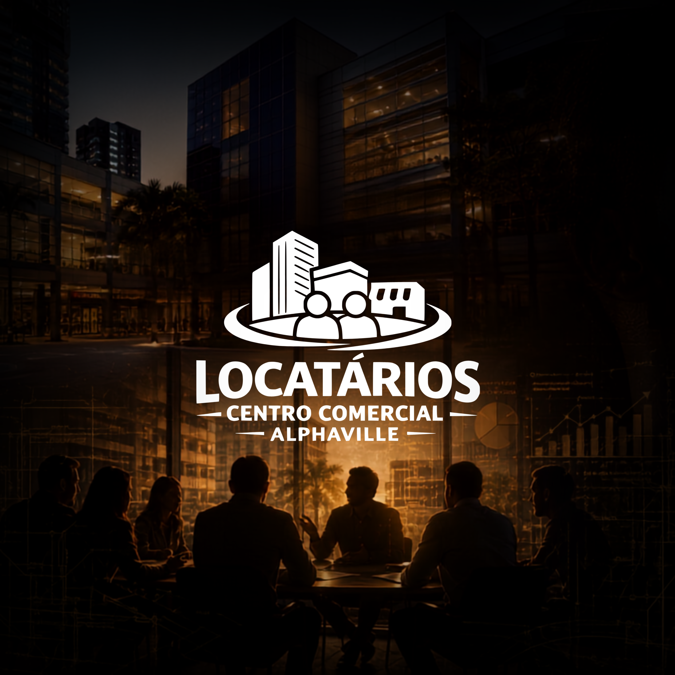 Capa do Grupo de Locatários do Centro Comercial Alphaville, com edifícios comerciais, reunião entre profissionais e elementos gráficos de pesquisa de mercado.