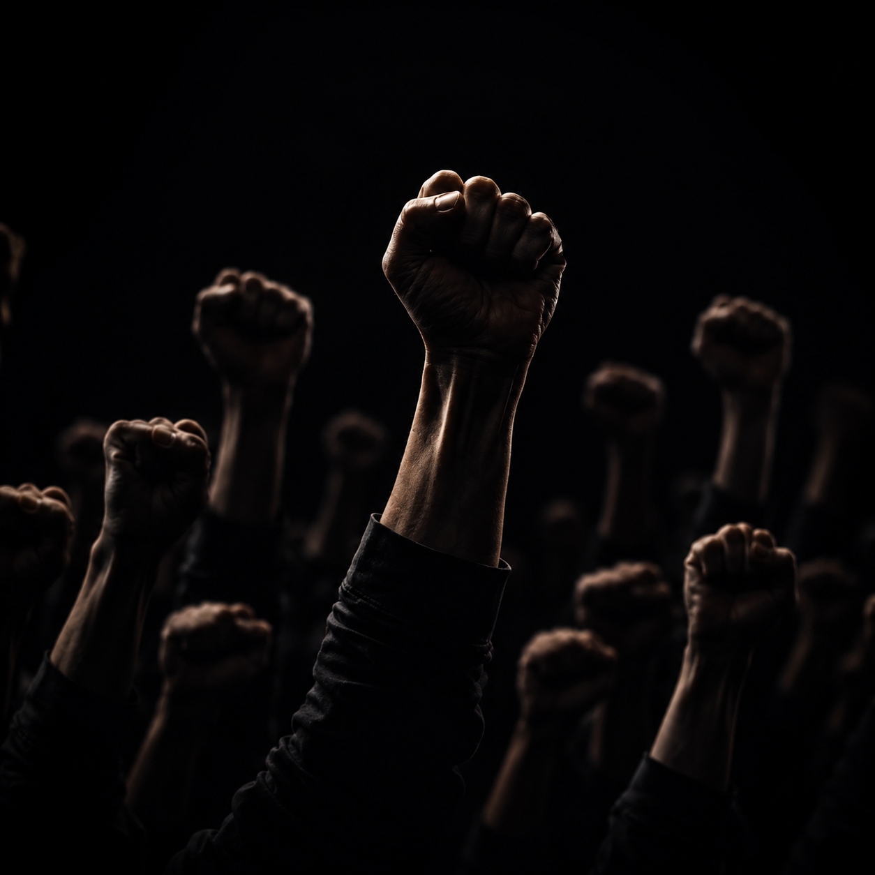 Punhos erguidos em fundo escuro simbolizando liberdade, autonomia e união.
