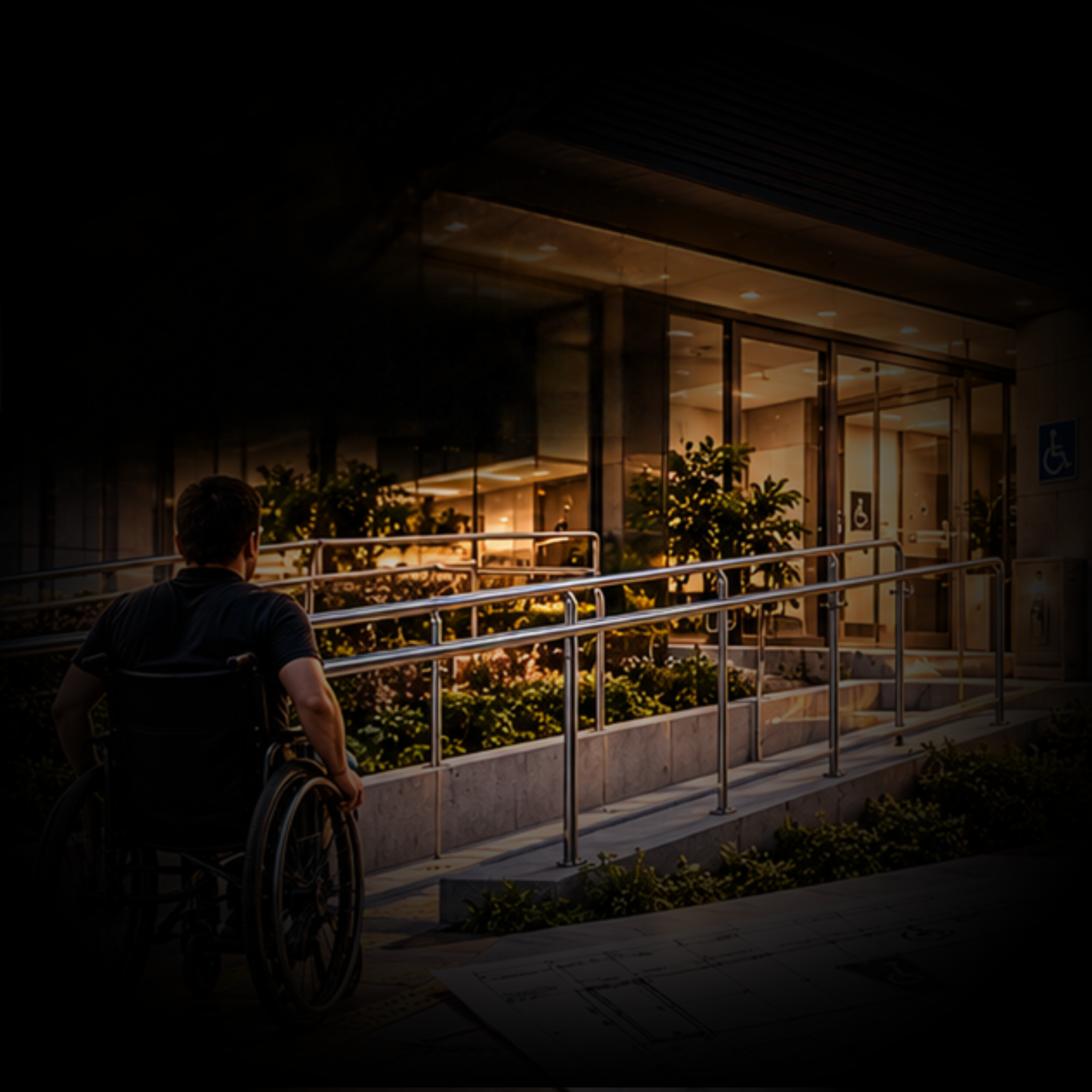 Projeto de acessibilidade em edificação, com representação de soluções para circulação, acesso e utilização segura dos ambientes.