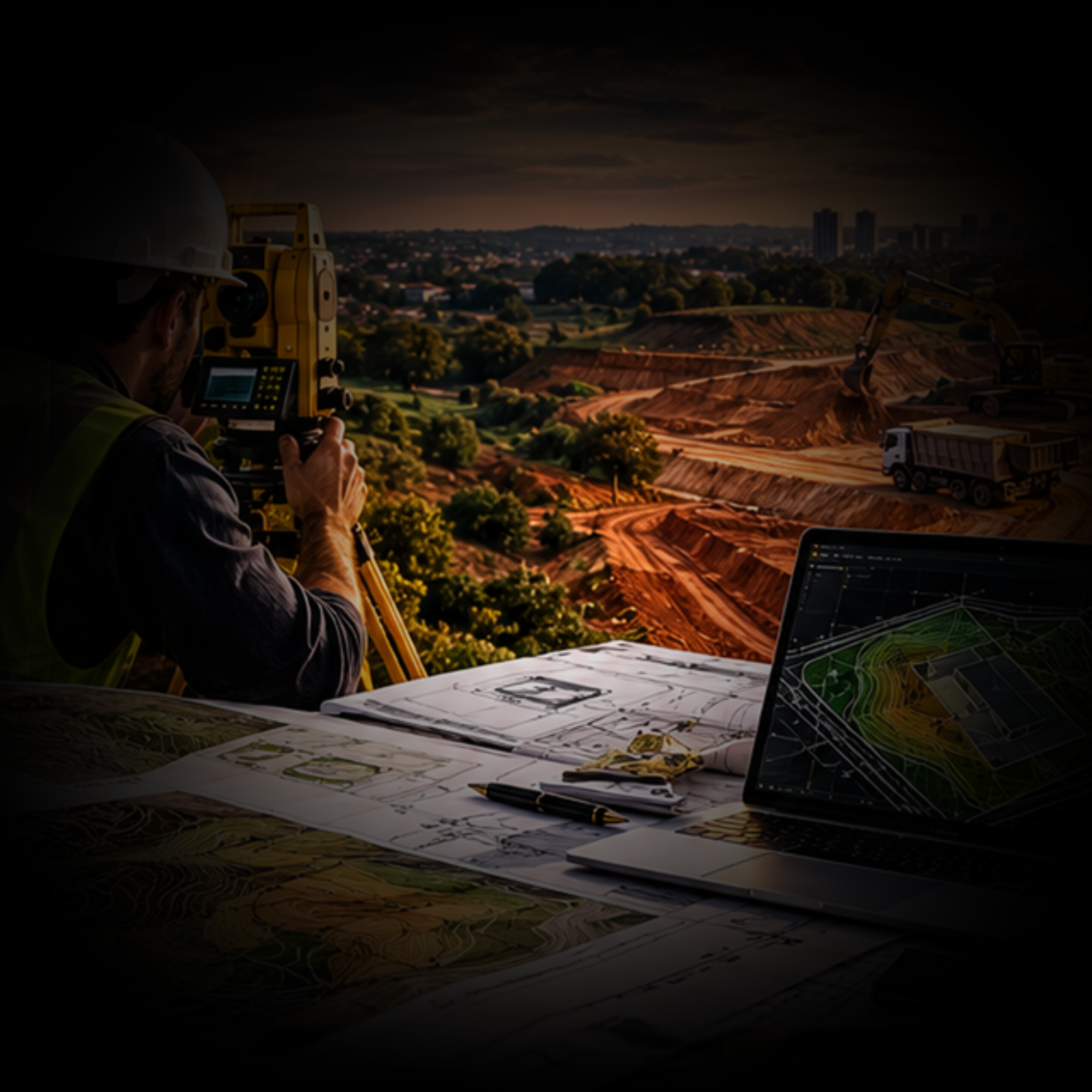 Projeto de topografia, implantação e terraplenagem, com representação do levantamento do terreno, dos níveis e da preparação da área para construção.