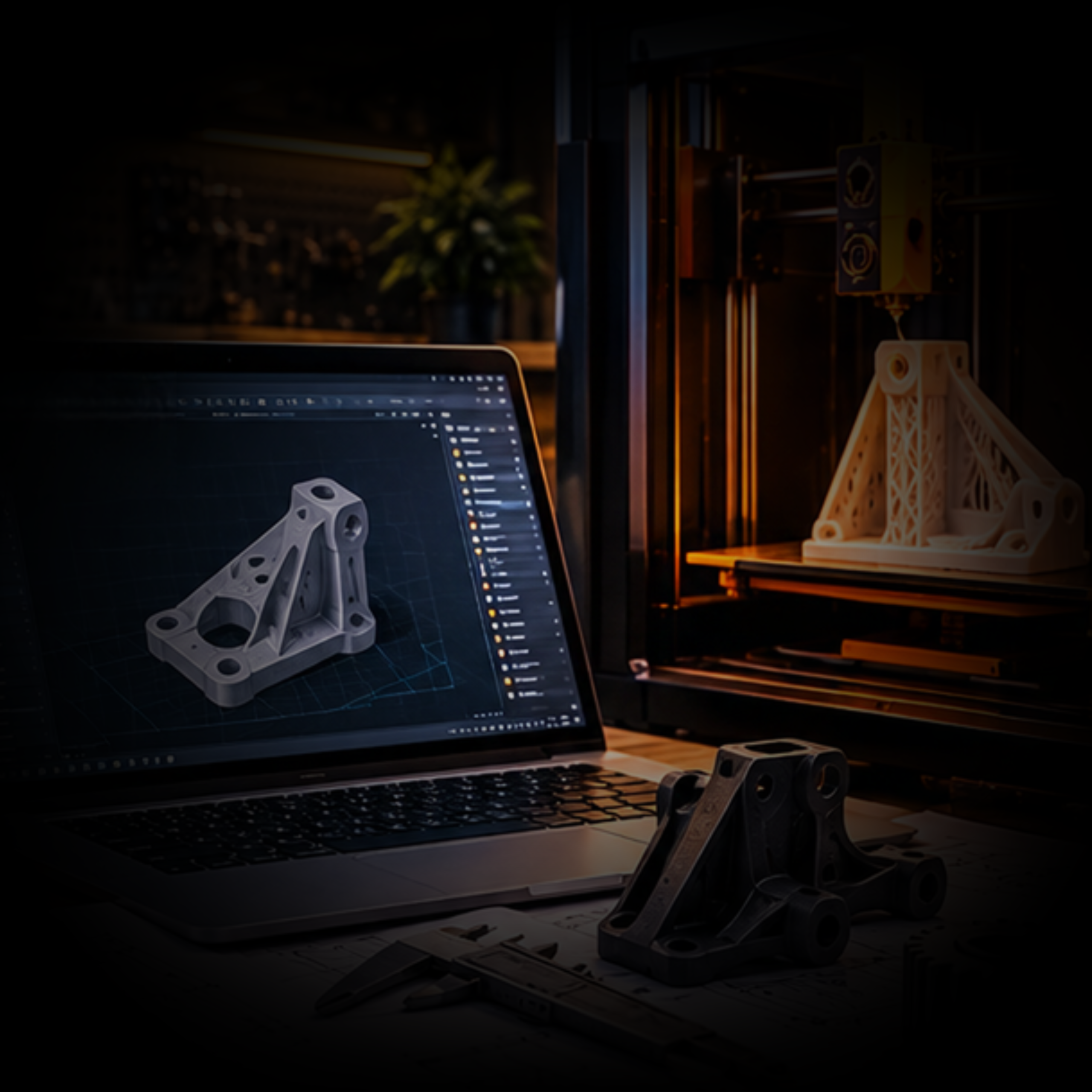 Projeto de peças para impressão 3D, com representação de modelos digitais desenvolvidos para fabricação aditiva de componentes personalizados e funcionais.