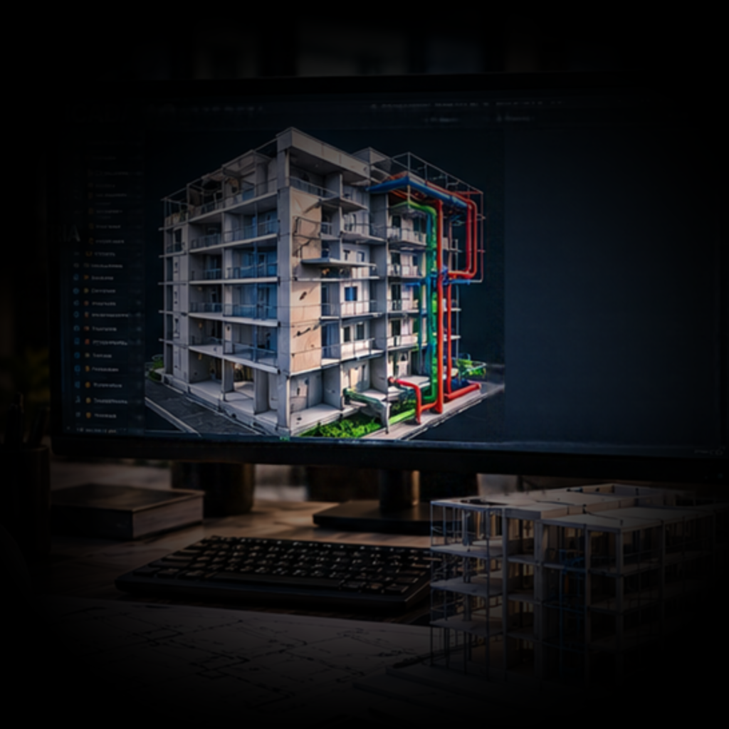 Projeto de modelagem BIM de edificação, com representação tridimensional de elementos construtivos e informações integradas para coordenação das disciplinas de projeto.