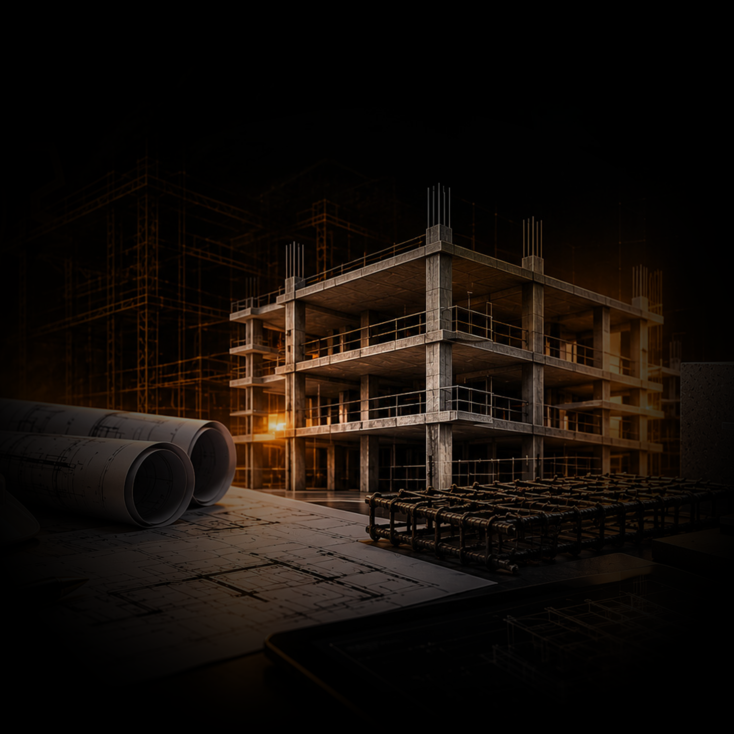 Projeto estrutural de edificação, com representação dos elementos estruturais responsáveis pela estabilidade e sustentação da construção.