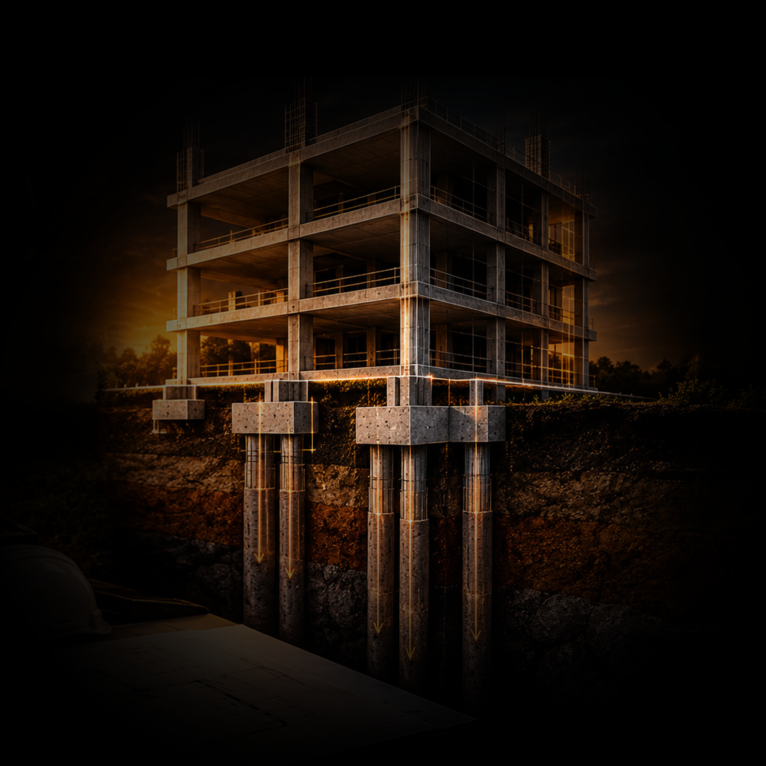 Projeto de fundações de edificação, com representação dos elementos responsáveis pela transferência das cargas da estrutura para o solo.