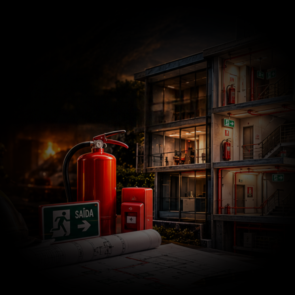 Projeto de prevenção e segurança contra incêndio, com representação de medidas de proteção e segurança para edificações e seus ocupantes.